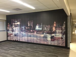 Photo of "Public Square, Night" by Masumi Hayashi, in Cleveland State University Main Classroom building.